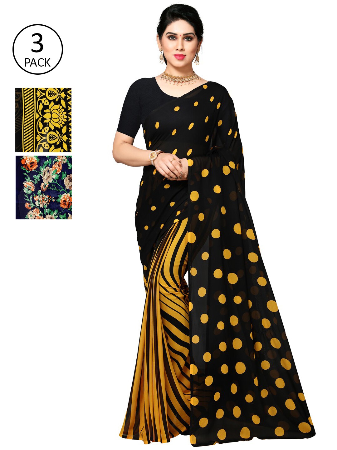 

KALINI Pack Of 3 Printed Sarees, Black