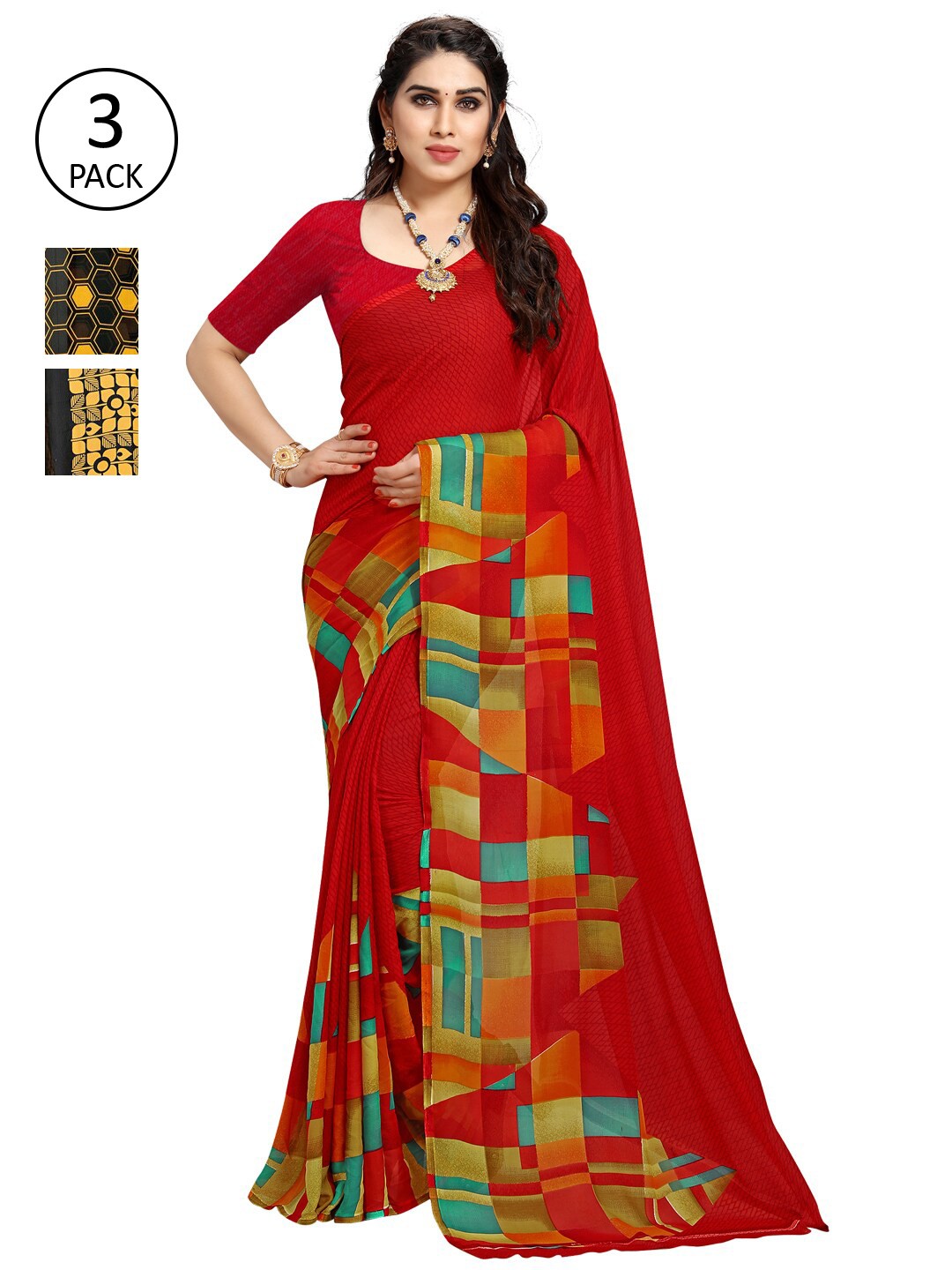 

KALINI Pack of 3 Printed Poly Georgette Sarees, Multi