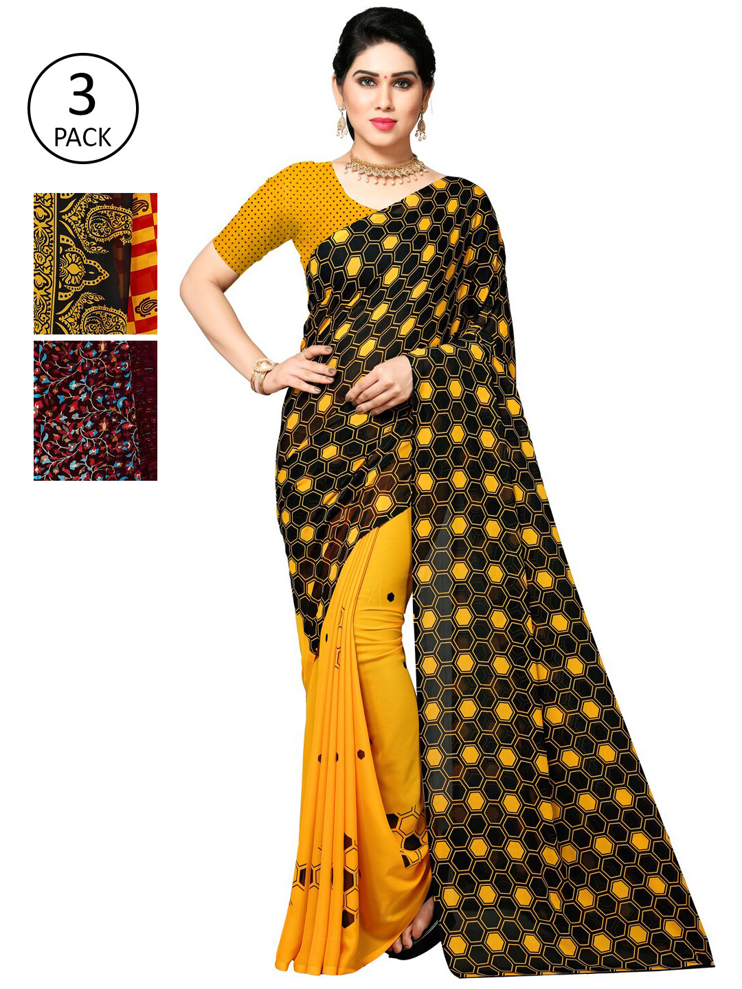 

KALINI Pack of 3 Poly Georgette Printed Sarees, Mustard