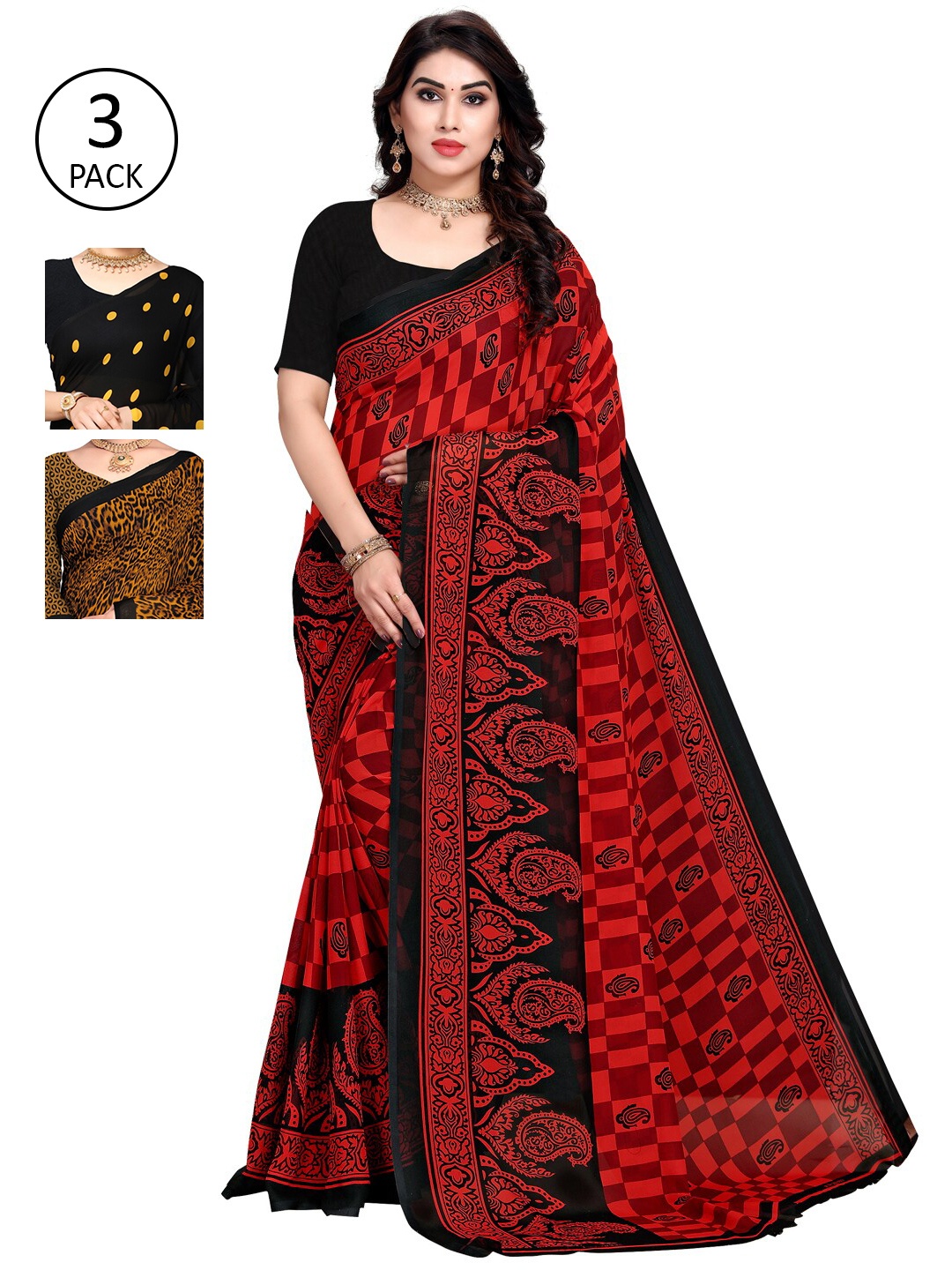 

KALINI Pack of 3 Poly Georgette Printed Sarees, Mustard