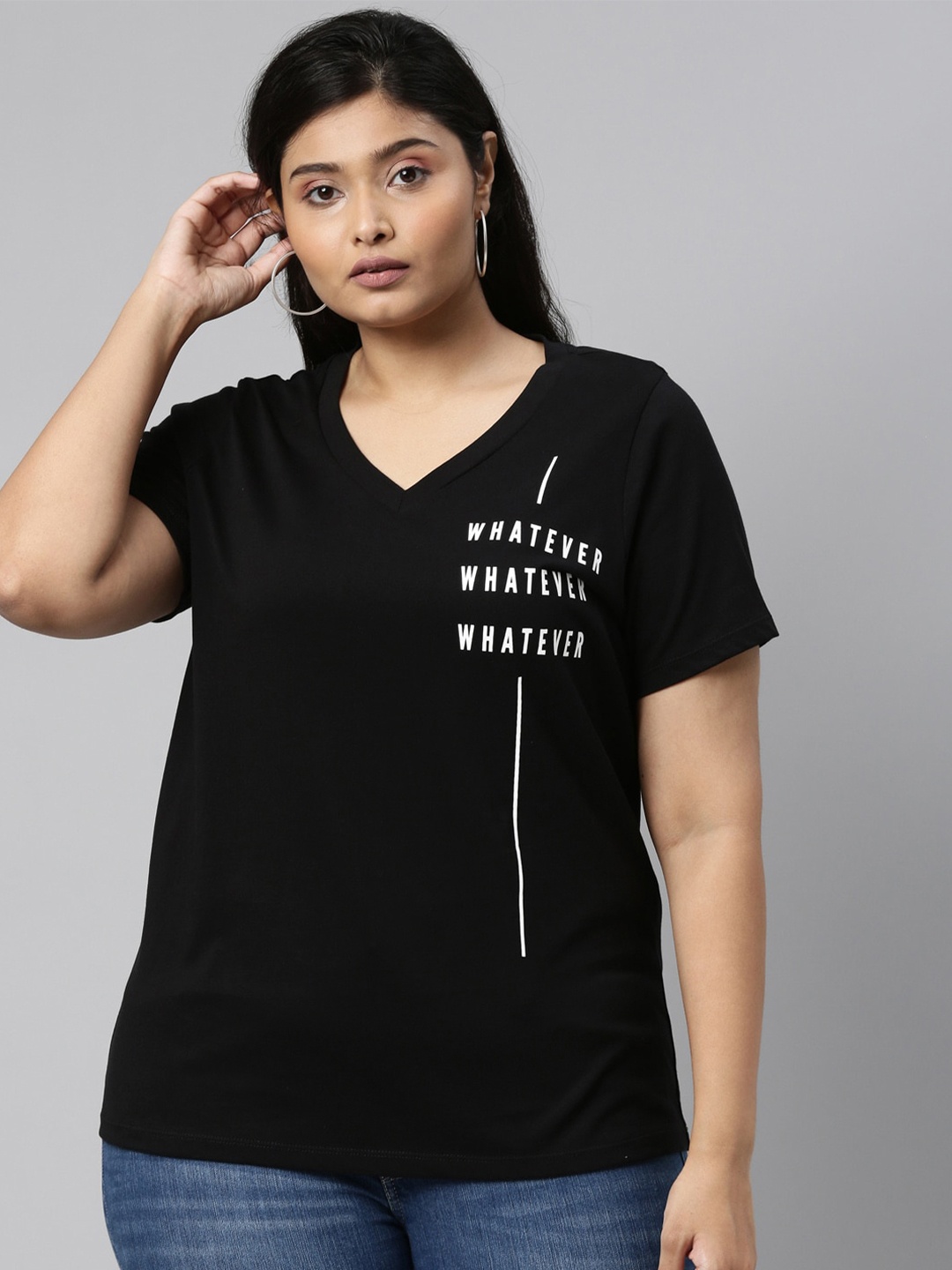 

The Pink Moon Women Black Typography Printed V-Neck T-shirt