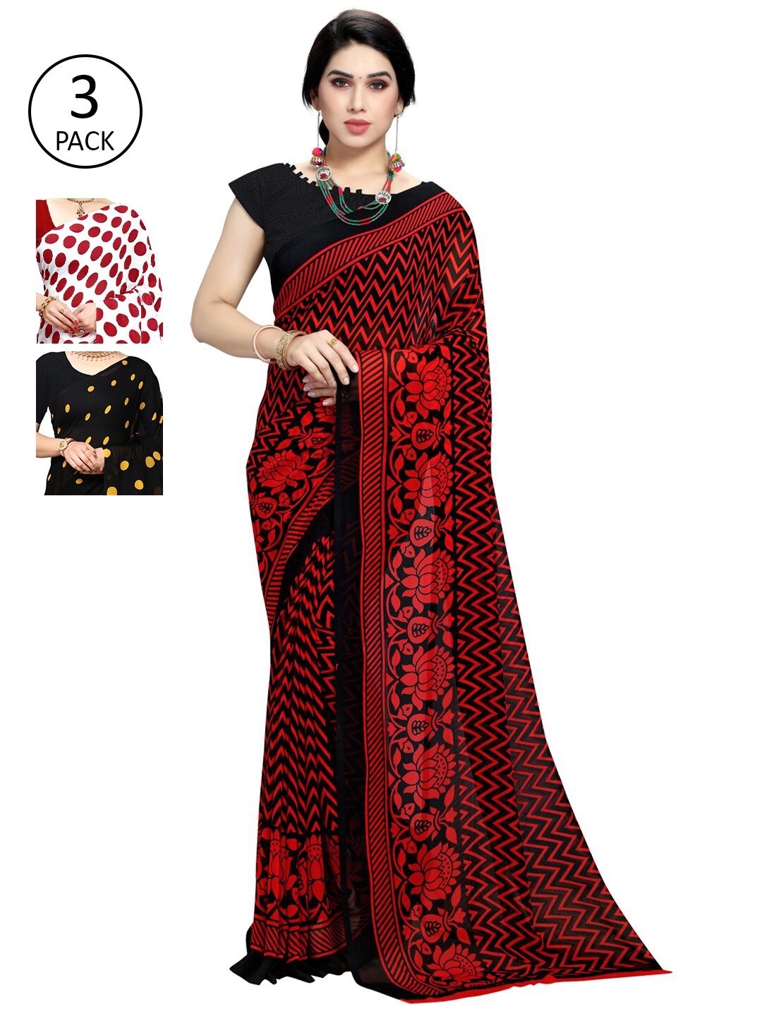 

KALINI Pack of 3 Red & White Printed Saree