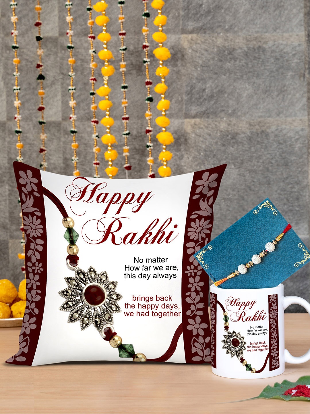 

TIED RIBBONS Rakshabandhan Rakhi Cushion with Filler Mug & Greeting Card, Multi