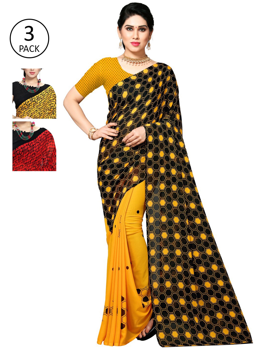 

KALINI Pack of 3 Yellow & Red Printed Saree