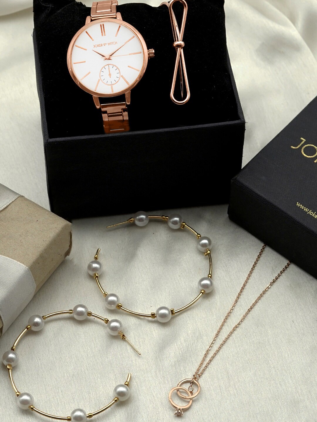 

JOKER & WITCH Women White & Rose Gold-Toned Lovefool Love Stack Watch Gift Set-JWLS237