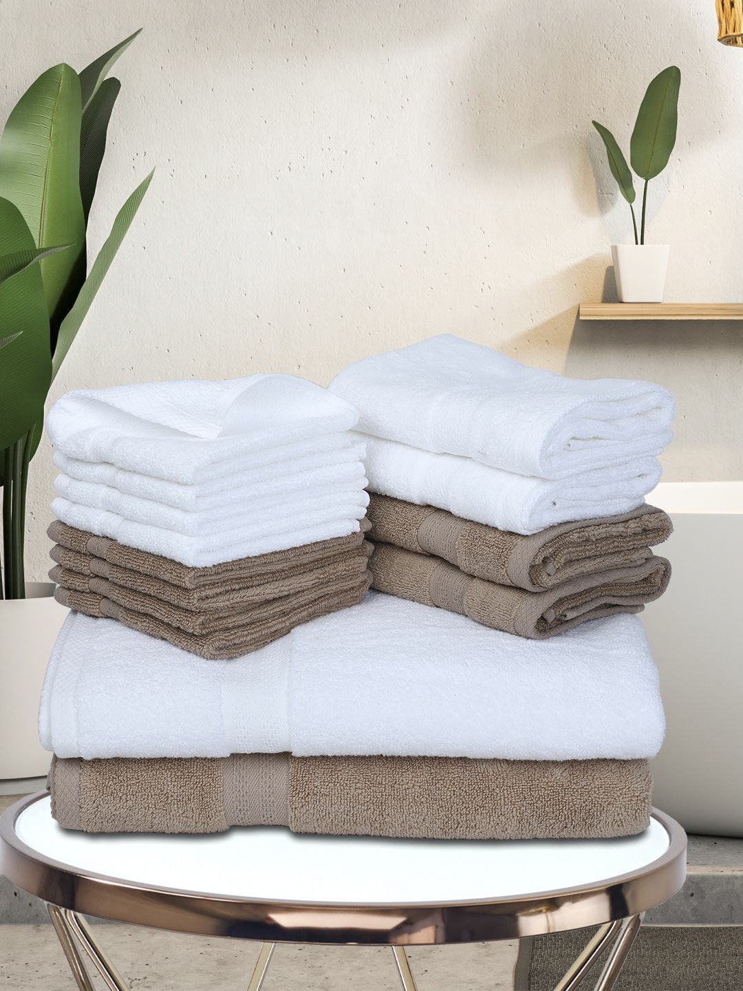 

BIANCA Set Of 14 White & Taupe Solid 500 GSM Cotton Towels Set