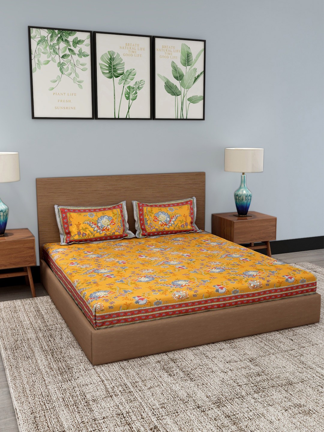 Gulaab Jaipur Yellow & Grey Floral 300 TC King Bedsheet with 2 Pillow Covers