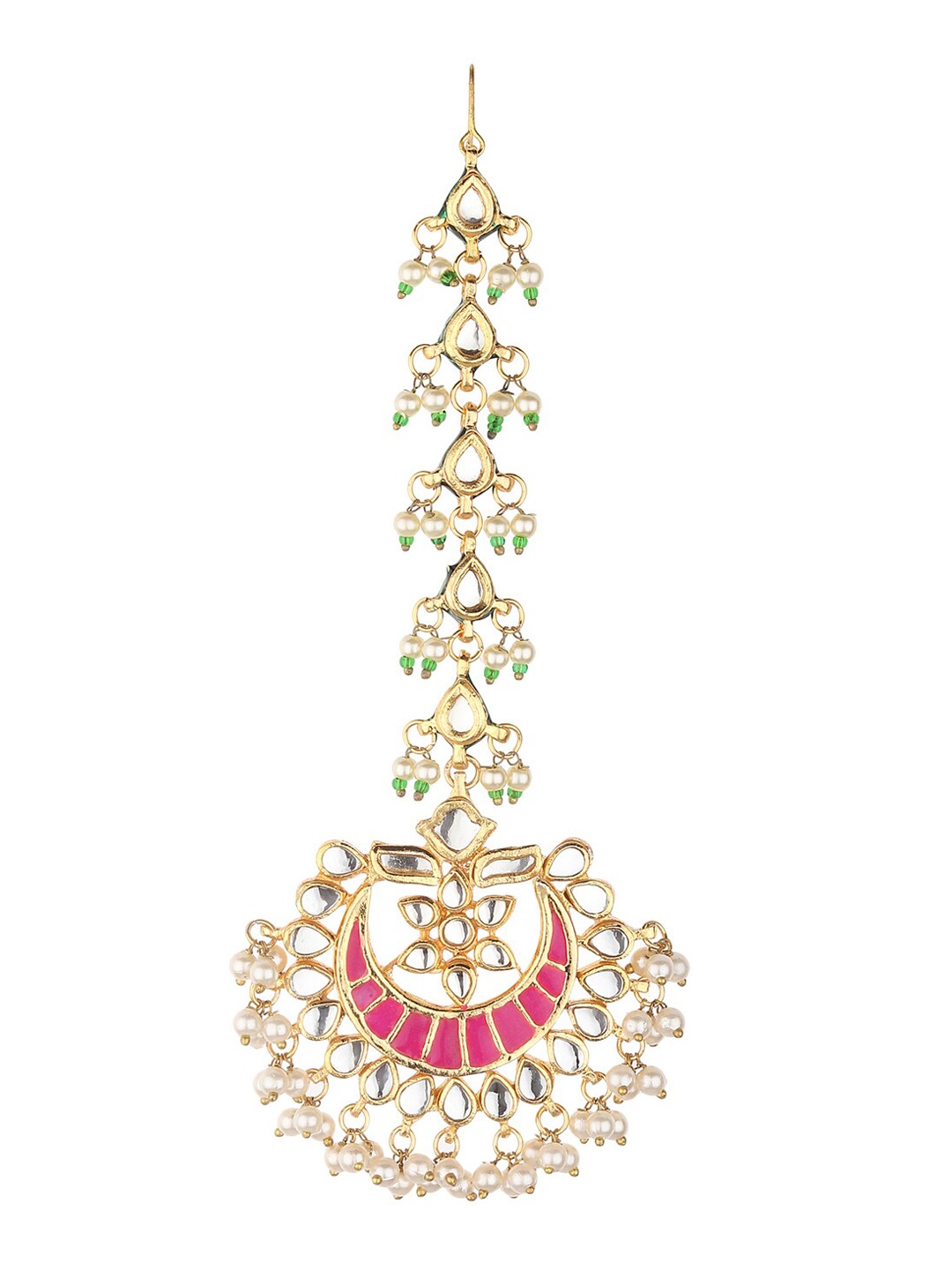 

Runjhun Gold-Plated White & Pink Ruby Kundan-Studded Meenakari Maang Tikka