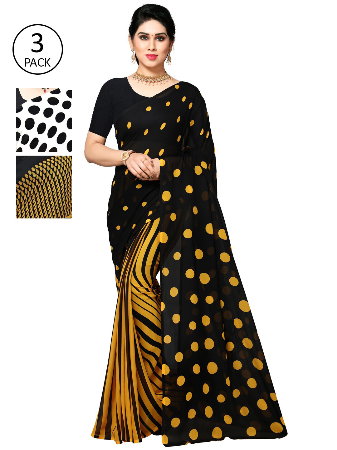 

KALINI Pack Of 3 Printed Sarees, Black