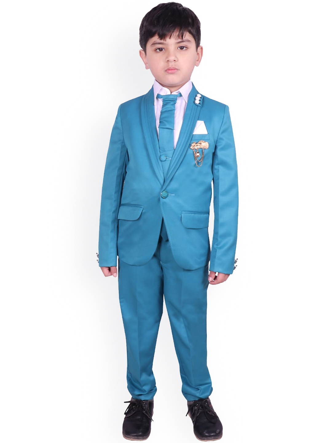

SG YUVRAJ Boys Turquoise Blue Solid Self-Design Single-Breasted Tuxedo Party Suit