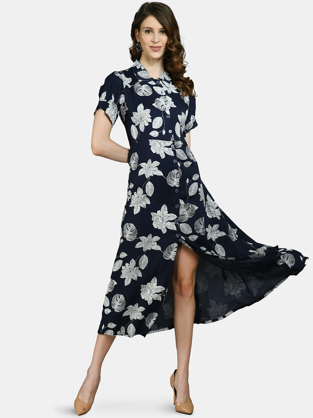 

Myshka Navy Blue & White Floral printed Shirt Midi Dress