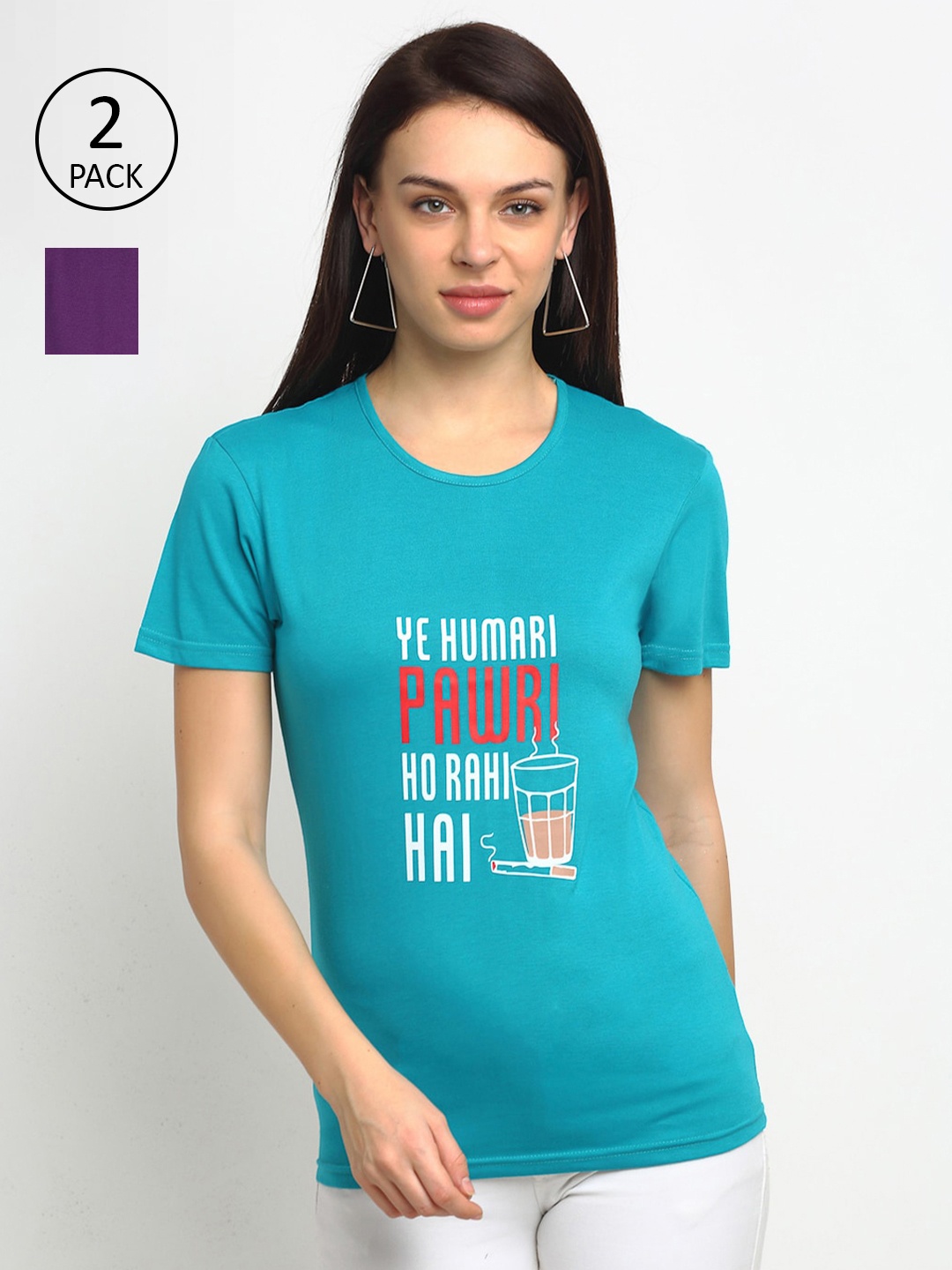 

VIMAL JONNEY Women Pack of 2 Typography Printed T-shirt, Blue