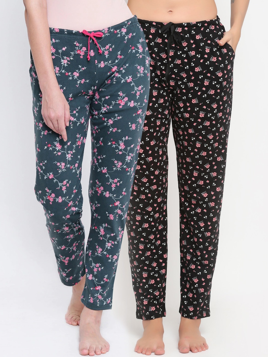 

Kanvin Women Pack Of 2 Printed Pure Cotton Lounge Pants, Black