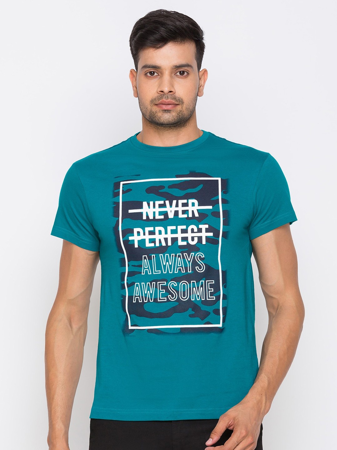 

Globus Men Teal Blue & Black Typography Printed T-shirt