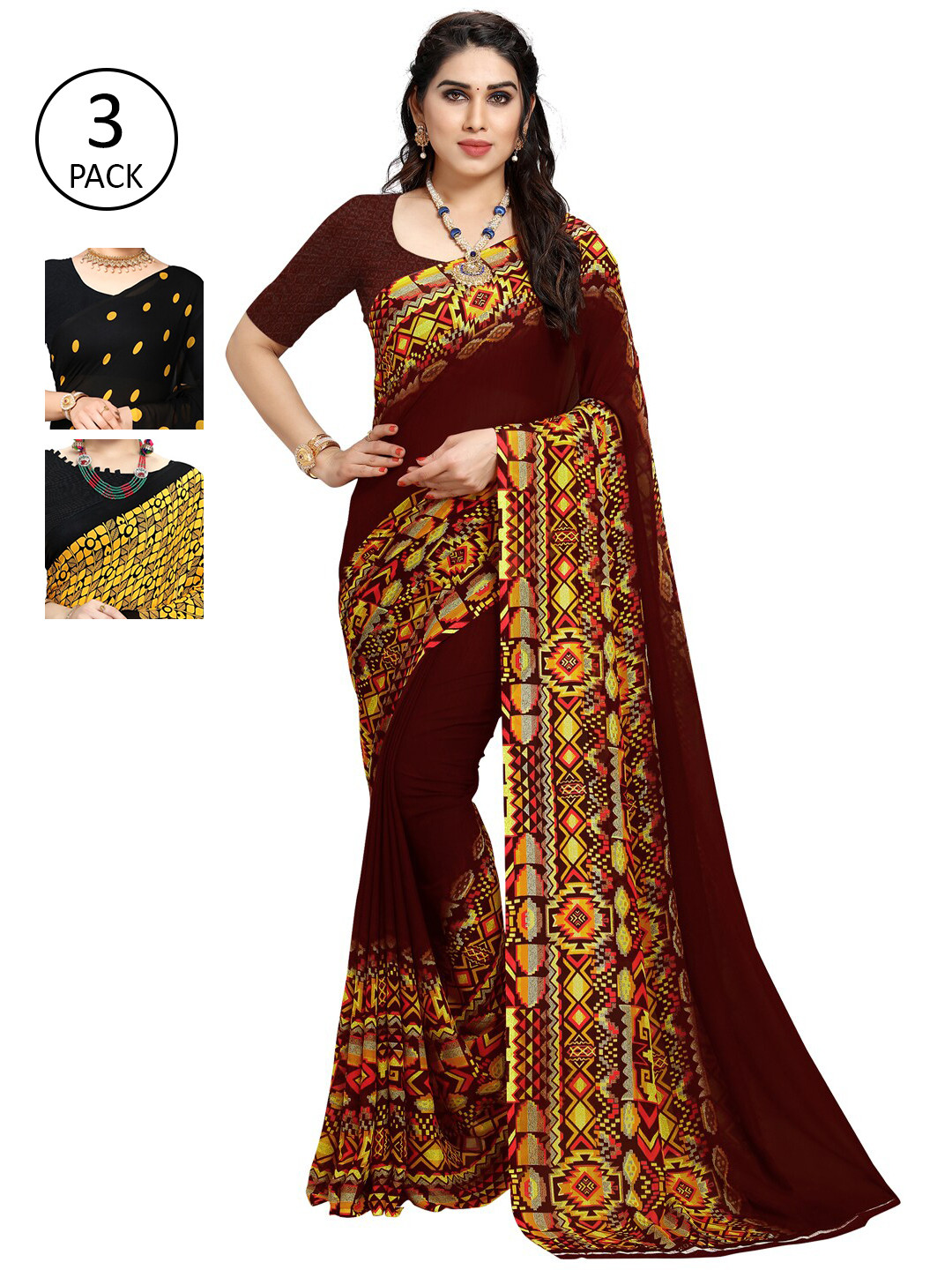 

KALINI Black & Yellow Pack of 3 Printed Saree