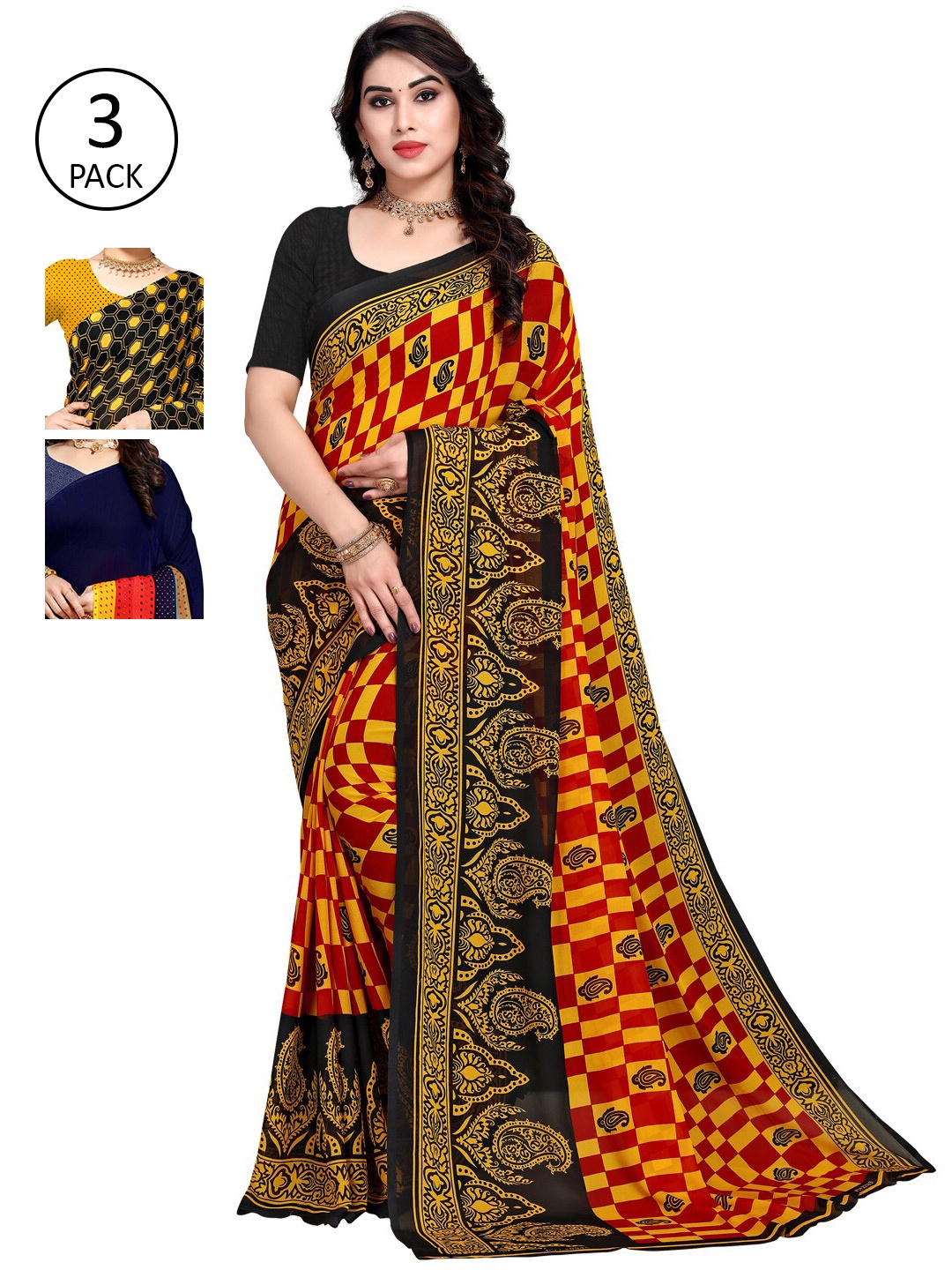 

KALINI Pack of 3 Poly Georgette Printed Sarees, Red