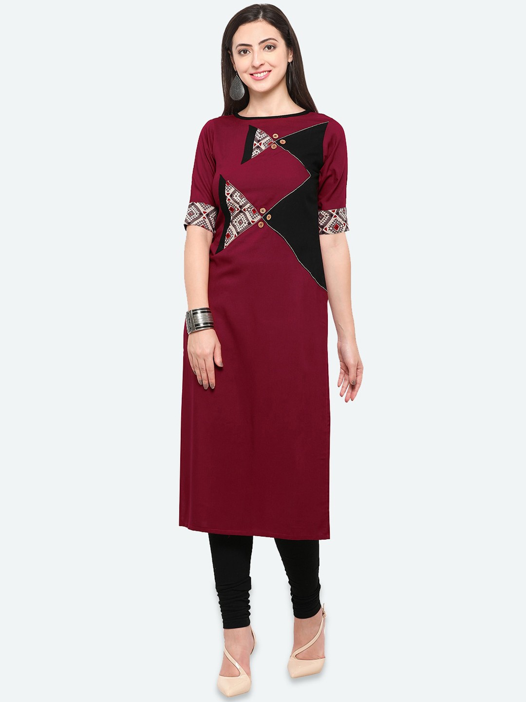 

Kvsfab Women Maroon Printed Patchwork Kurta
