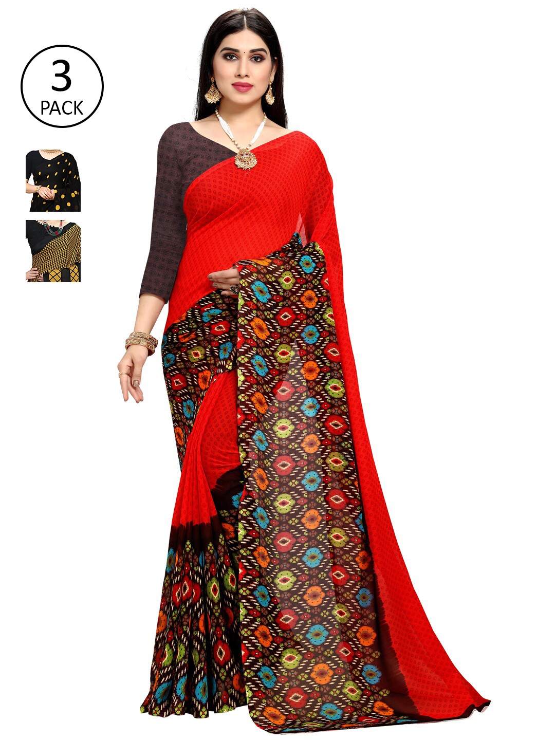 

KALINI Pack Of 3 Printed Sarees, Red