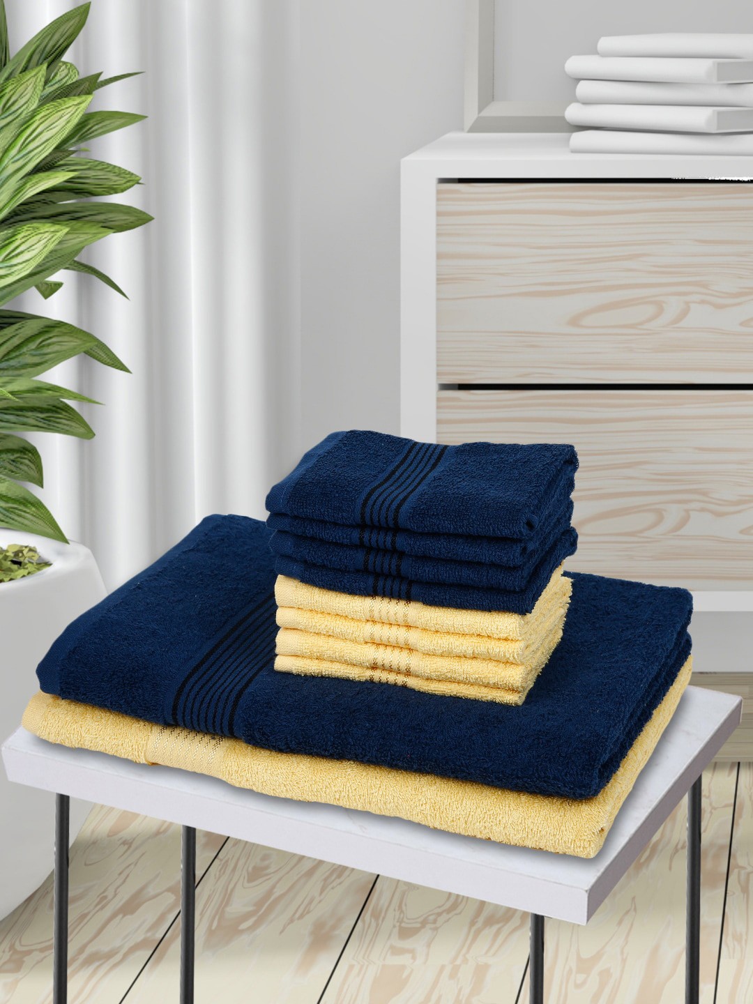 

KOPA Set Of 10 Navy Blue & Yellow Solid 380 GSM Pure Combed Cotton Terry Towels