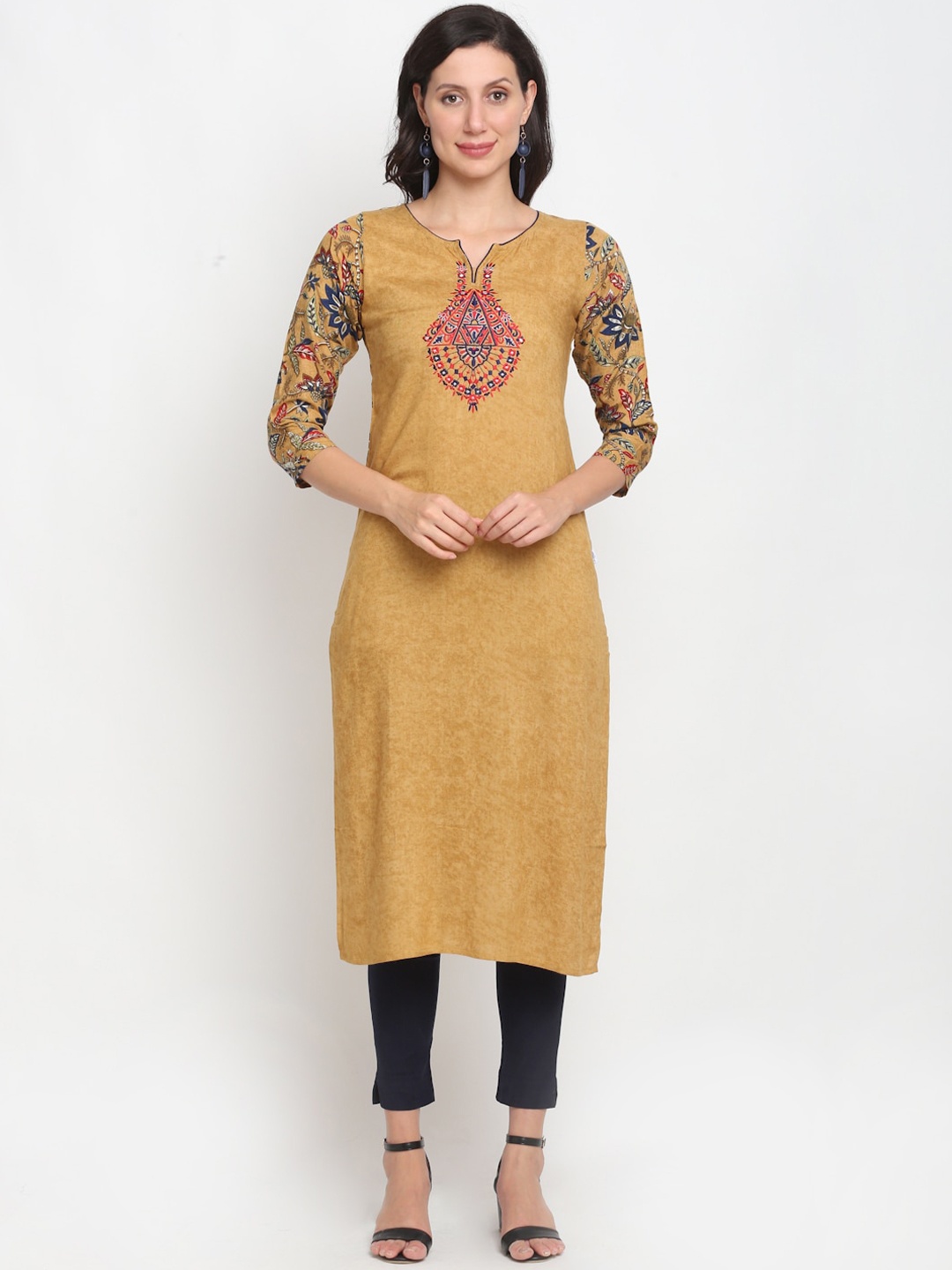

Lovely Lady Women Beige & Red Ethnic Motifs Embroidered Thread Work Kurta