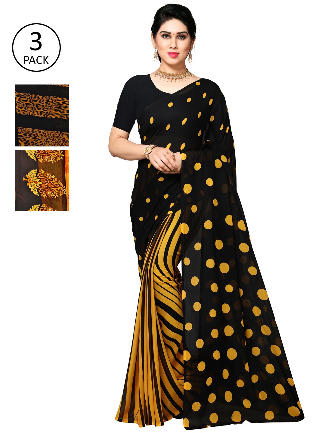 

KALINI Black & Yellow Pack of 3 Printed Saree