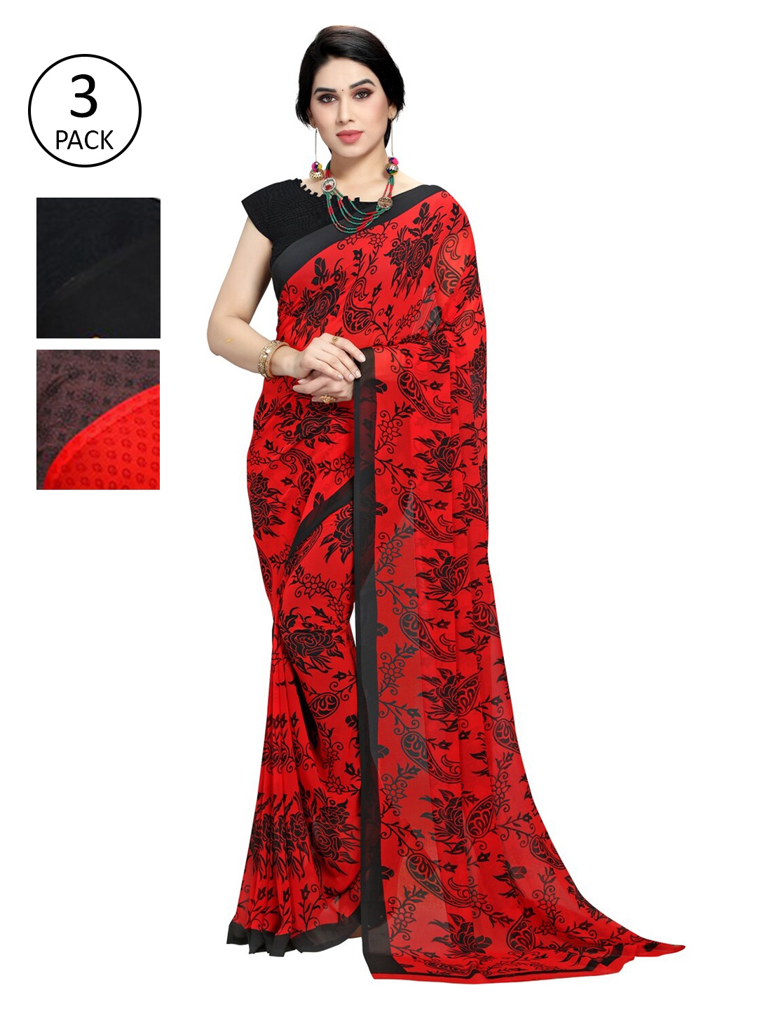 

KALINI Pack of 3 Poly Georgette Sarees, Red