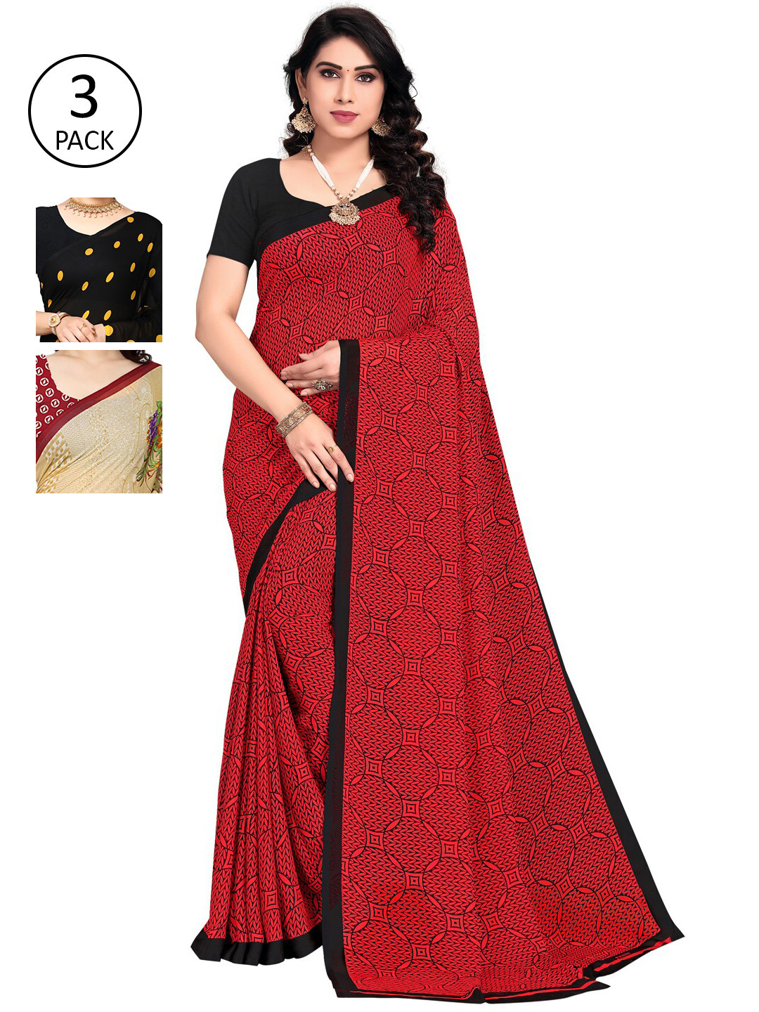 

KALINI Pack Of 3 Multicoloured Floral Poly Georgette Saree, Multi