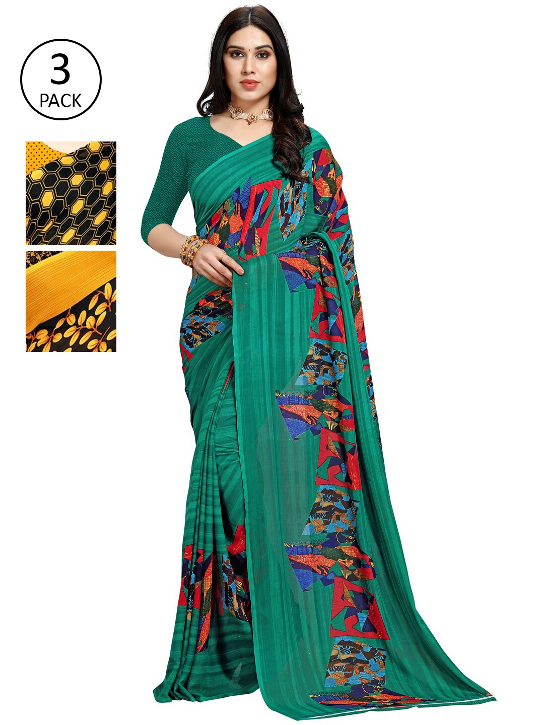 

KALINI Pack of 3 Poly Georgette Printed Sarees, Yellow