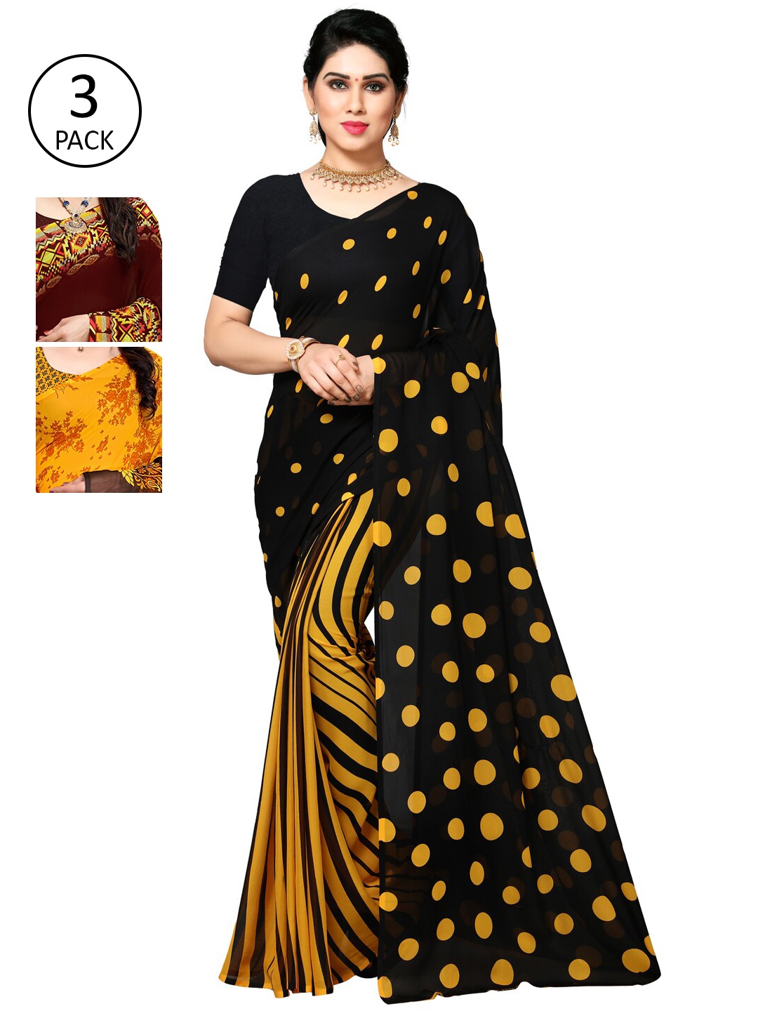 

KALINI Pack of 3 Poly Georgette Printed Sarees, Mustard