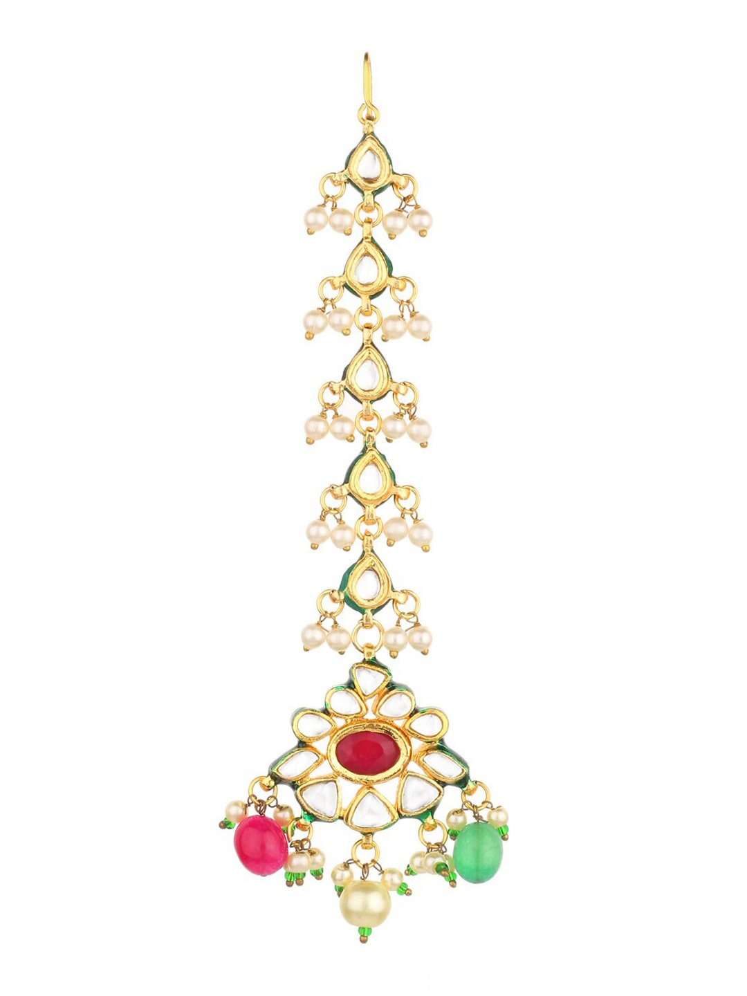 

Runjhun Gold-Plated Red & Green Kundan-Studded Maangtika