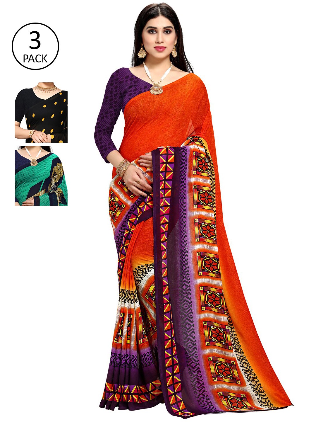 

KALINI Pack of 3 Red & Green Printed Saree