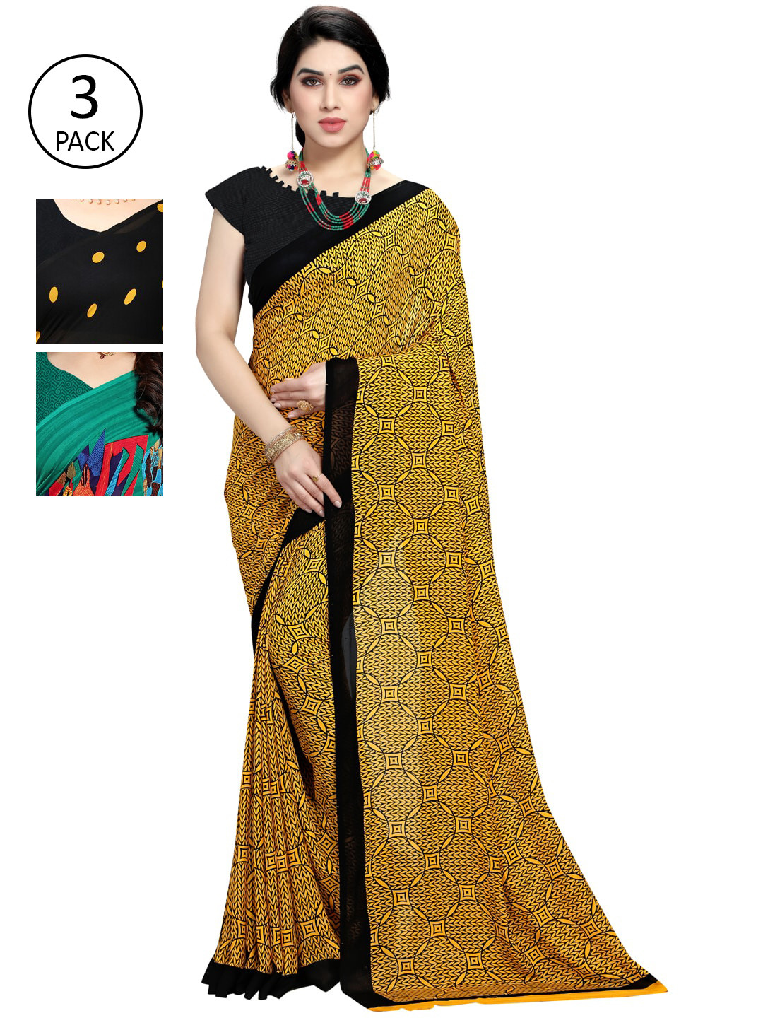 

KALINI Pack Of 3 Printed Sarees, Black