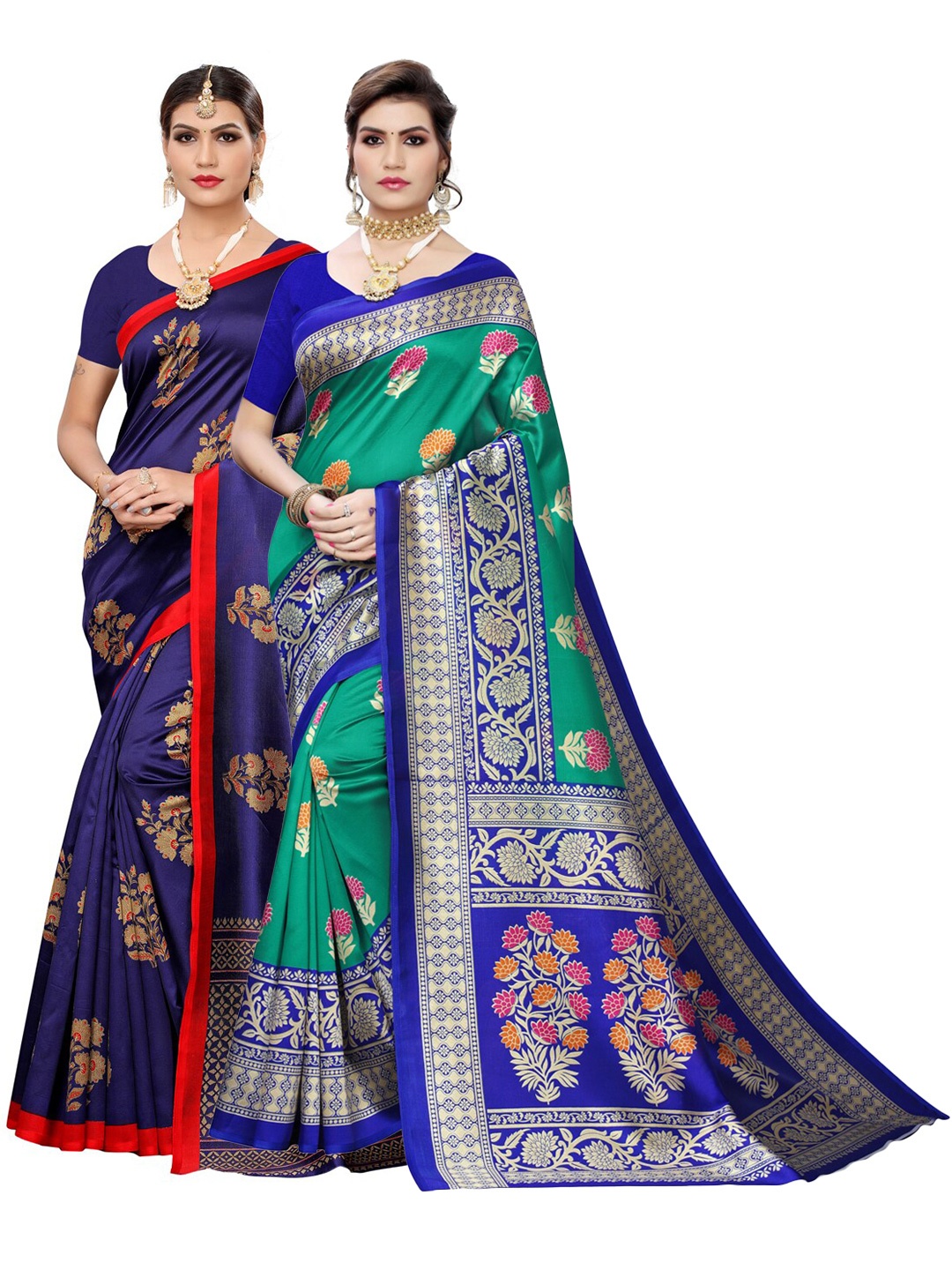 

KALINI Pack of 2 Blue & Green Ethnic Motifs Poly Silk Saree