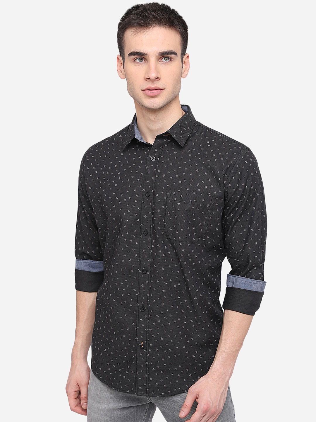 

Greenfibre Men Black Slim Fit Micro Ditsy Printed Cotton Casual Shirt