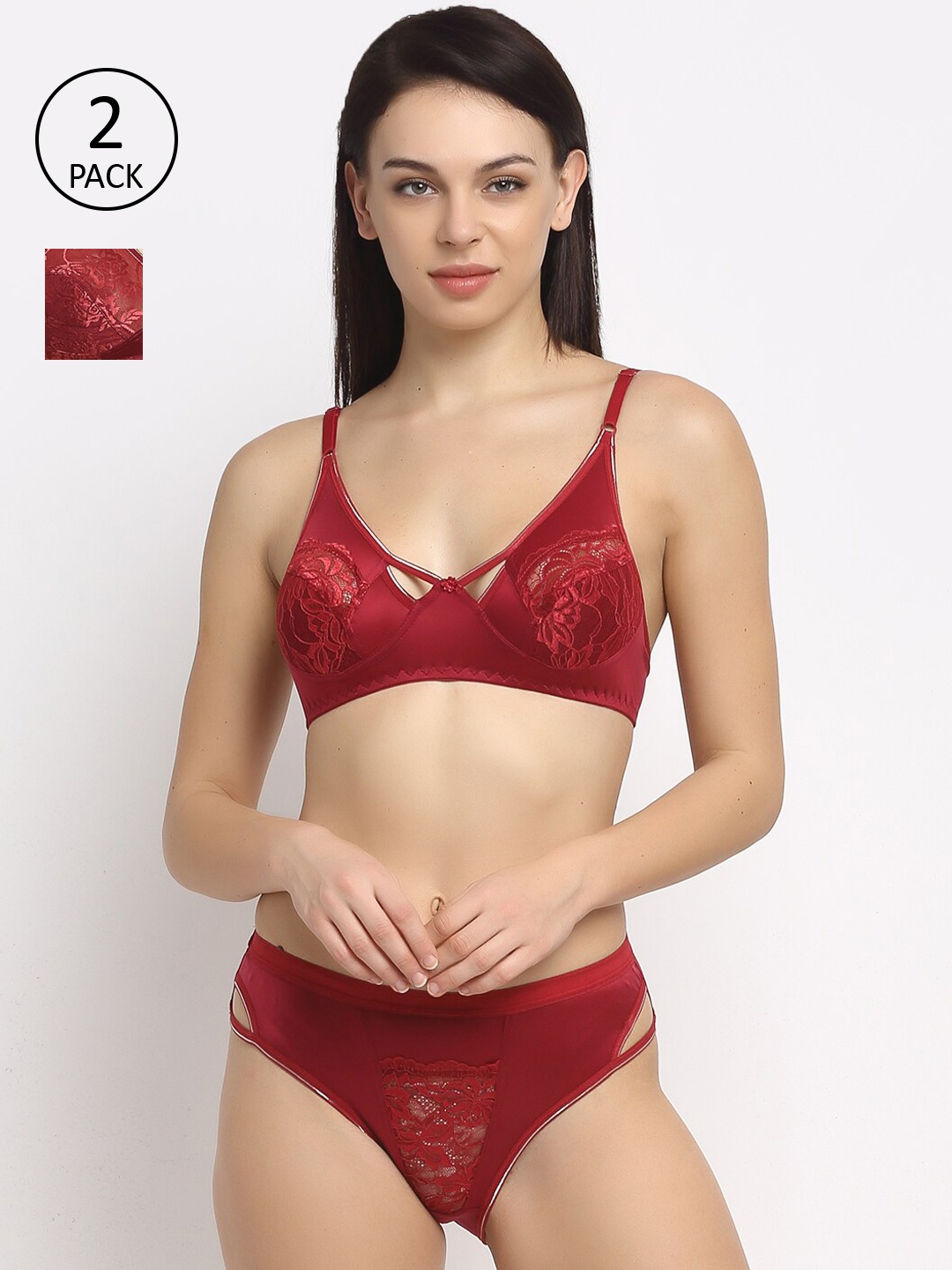 Friskers Women Pack Of 2 Maroon Self-Design Lace Lingerie Set O-304-14-O-309-14