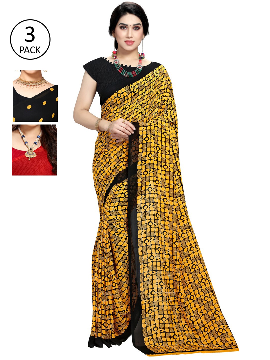 

KALINI Pack of 3 Poly Georgette Printed Sarees, Black