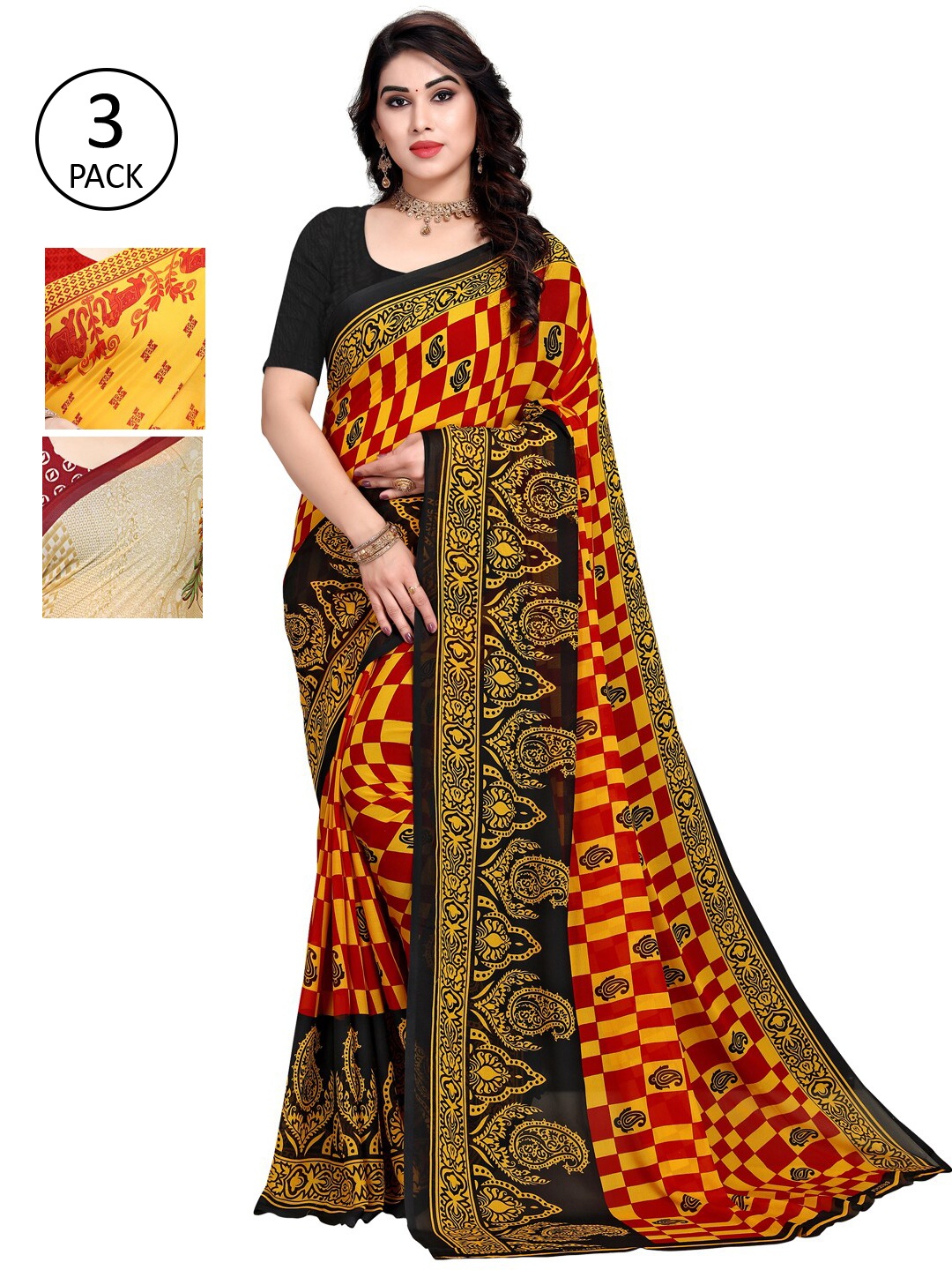 

KALINI Pack of 3 Ethnic Motifs Poly Georgette Saree, Red