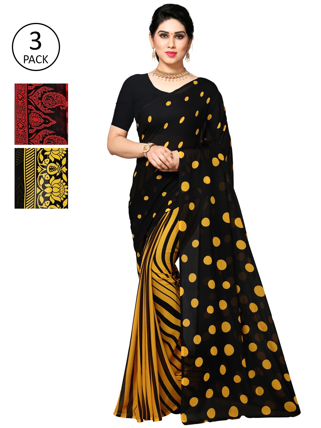 

KALINI Pack of 3 Poly Georgette Printed Sarees, Mustard
