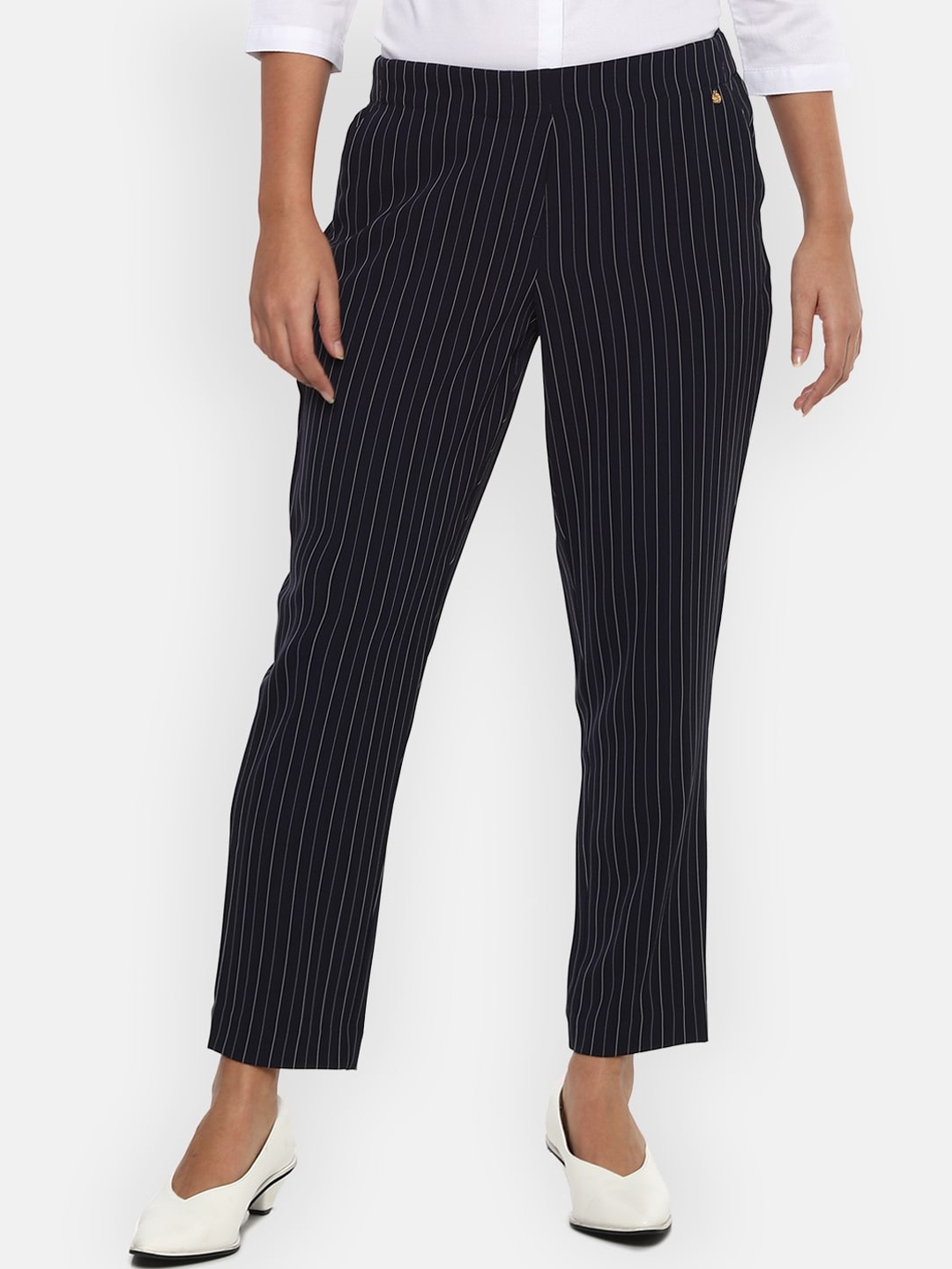

Van Heusen Woman Women Navy Blue Striped Slim Fit Trousers