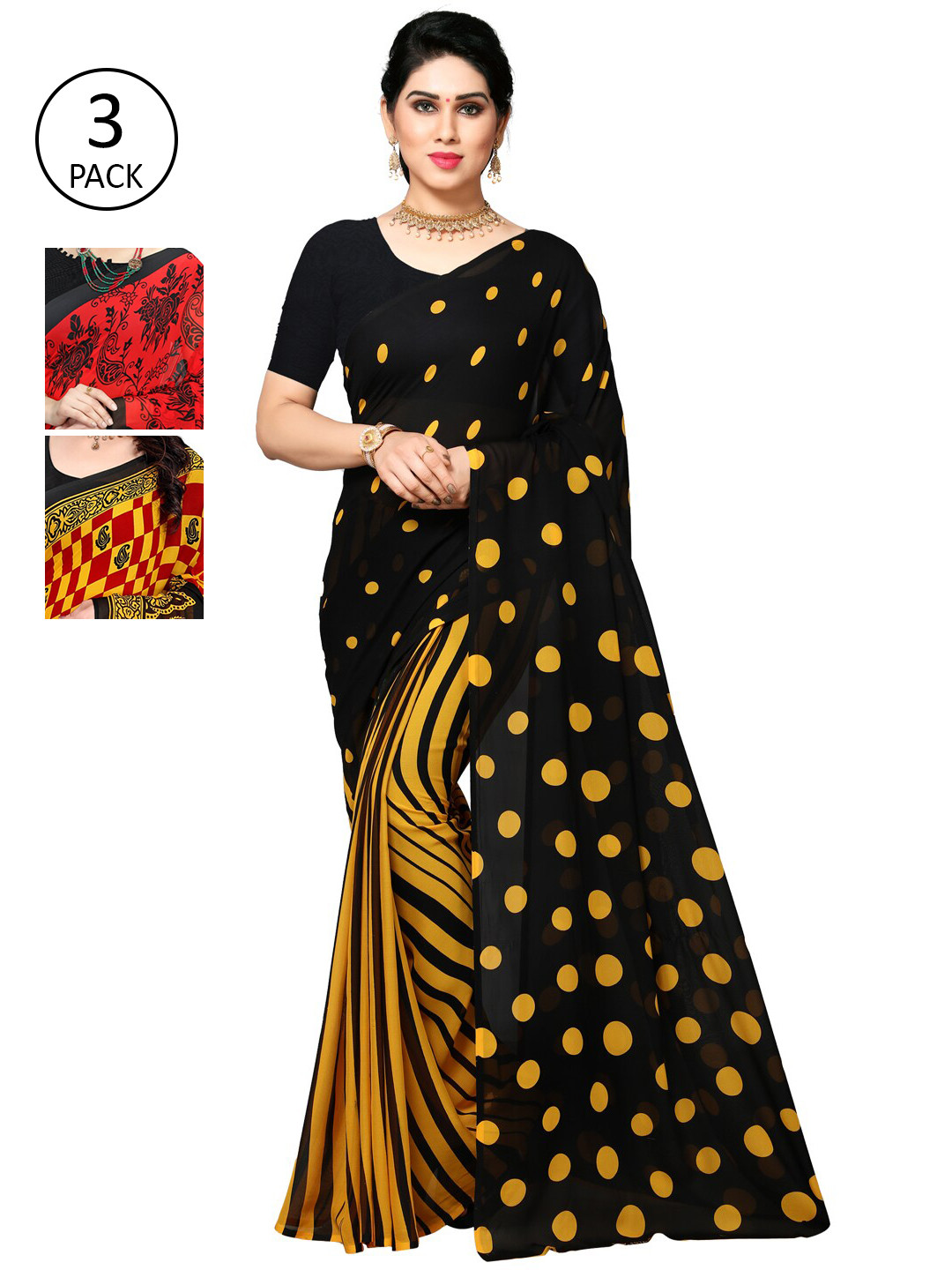 

KALINI Pack of 3 Poly Georgette Printed Sarees, Red