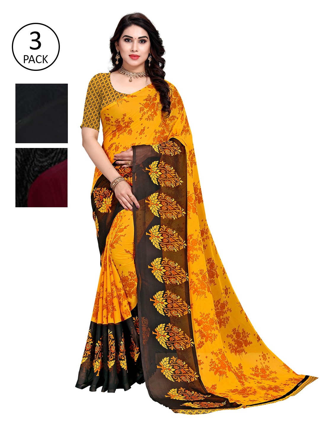 

KALINI Multicoloured Set of 3 Poly Georgette Saree, Multi