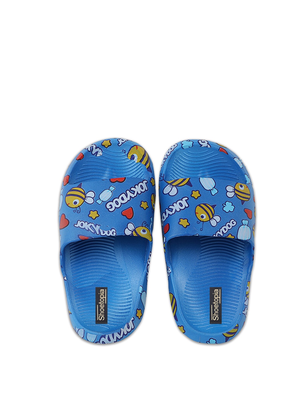 

Shoetopia Girls Blue & Yellow Printed Rubber Sliders