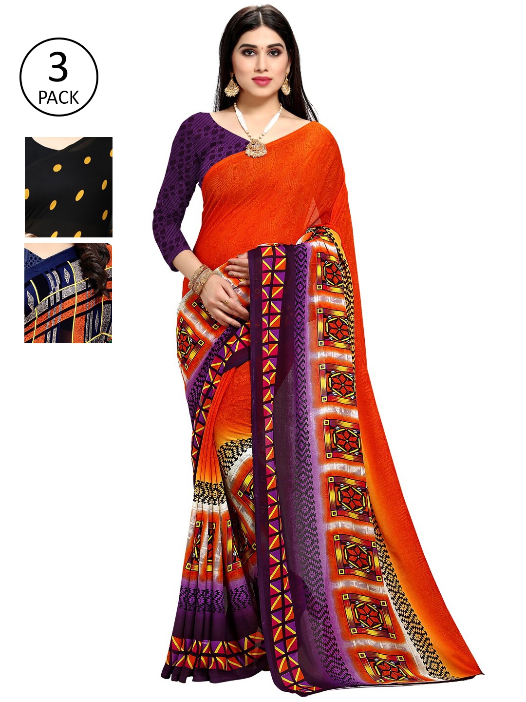 

KALINI Pack of 3 Poly Georgette Saree, Navy blue