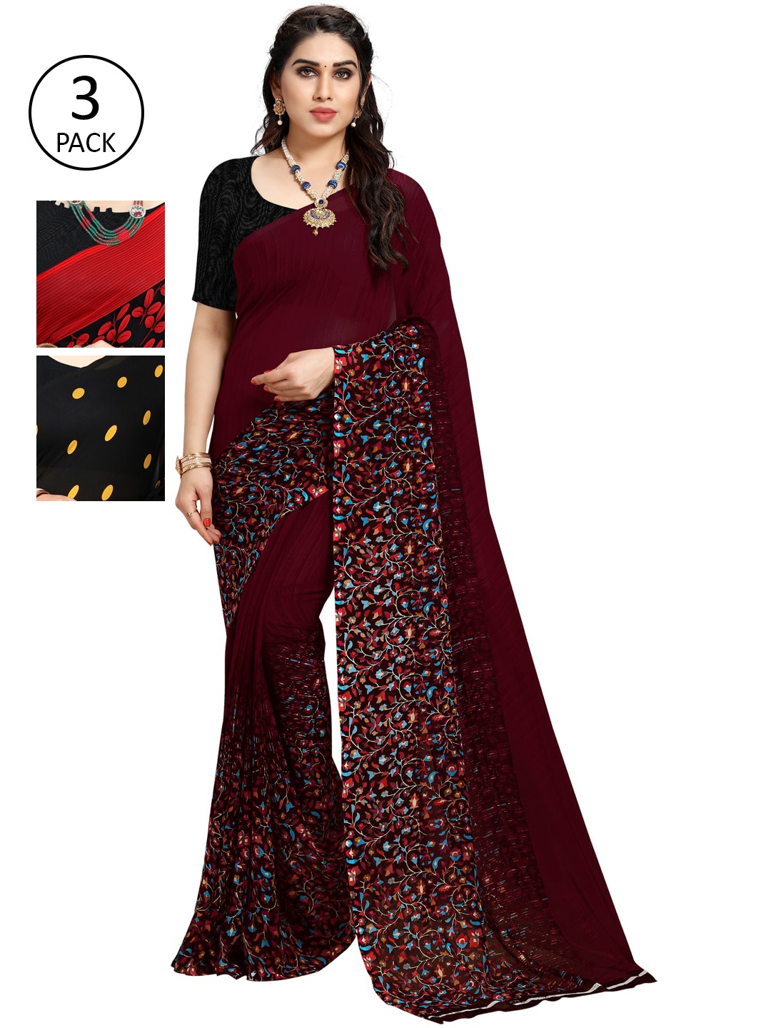 

KALINI Pack Of 3 Maroon & Red Saree