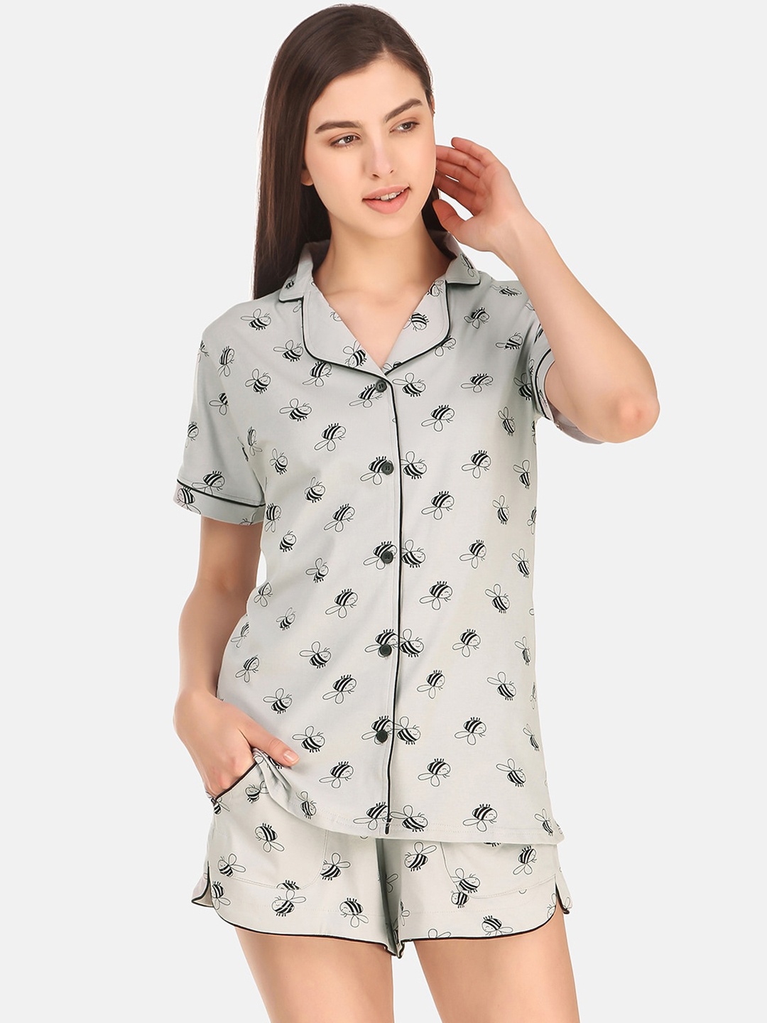 

Masha Women Grey & Black Printed Night suit