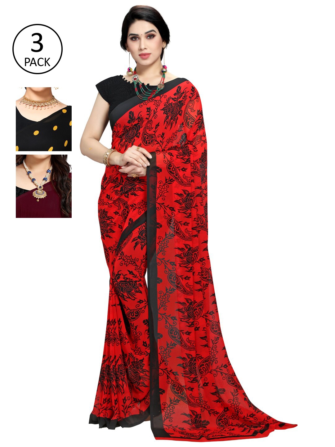 

KALINI Black & Burgundy Pack of 3 Saree