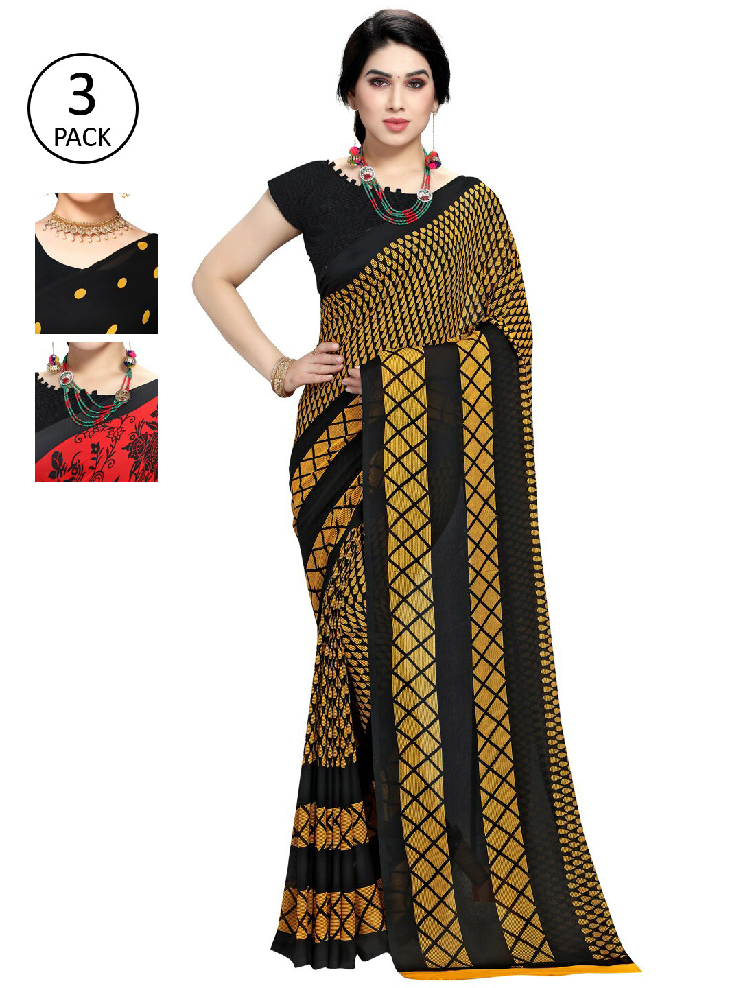 

KALINI Women Pack Of 3 Printed Sarees, Red