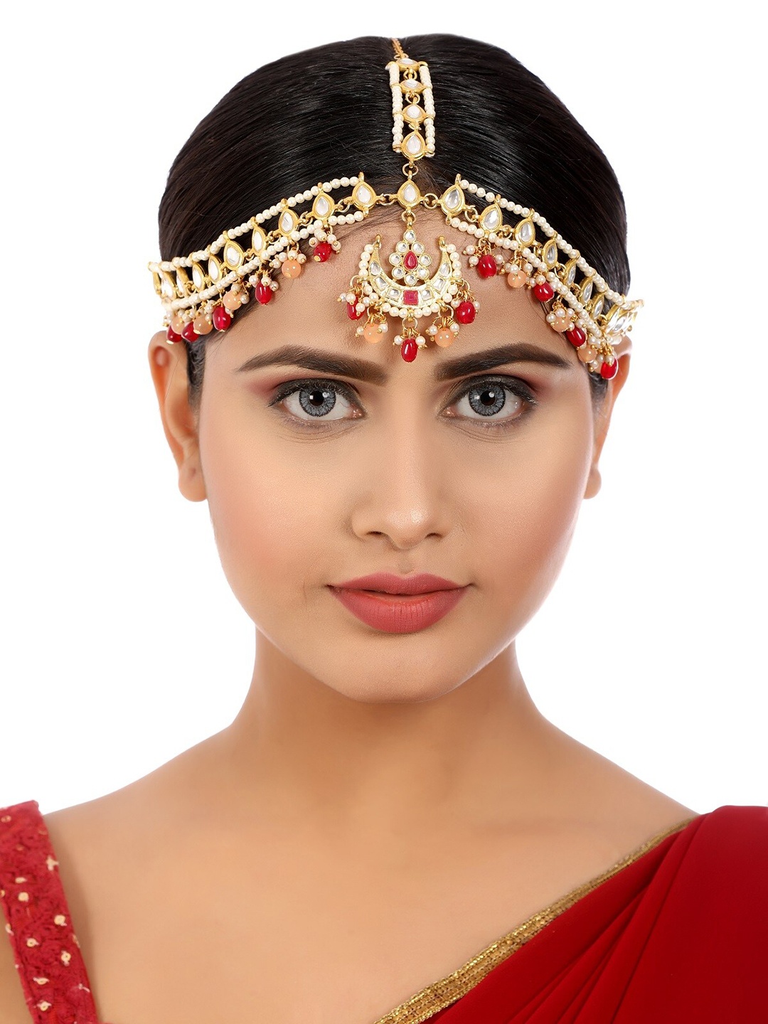 

KARATCART Gold-Plated Red & White Ruby & Kundan-Studded & Pearl Beaded Matha Patti
