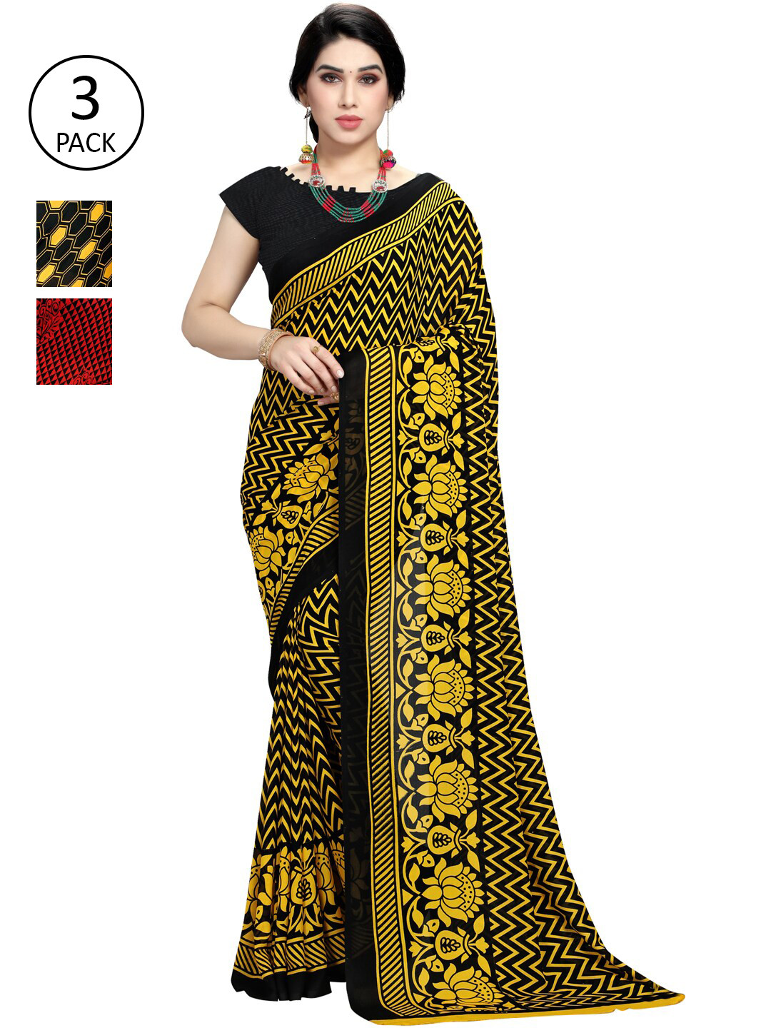 

KALINI Women Pack of 3 Printed Sarees, Yellow