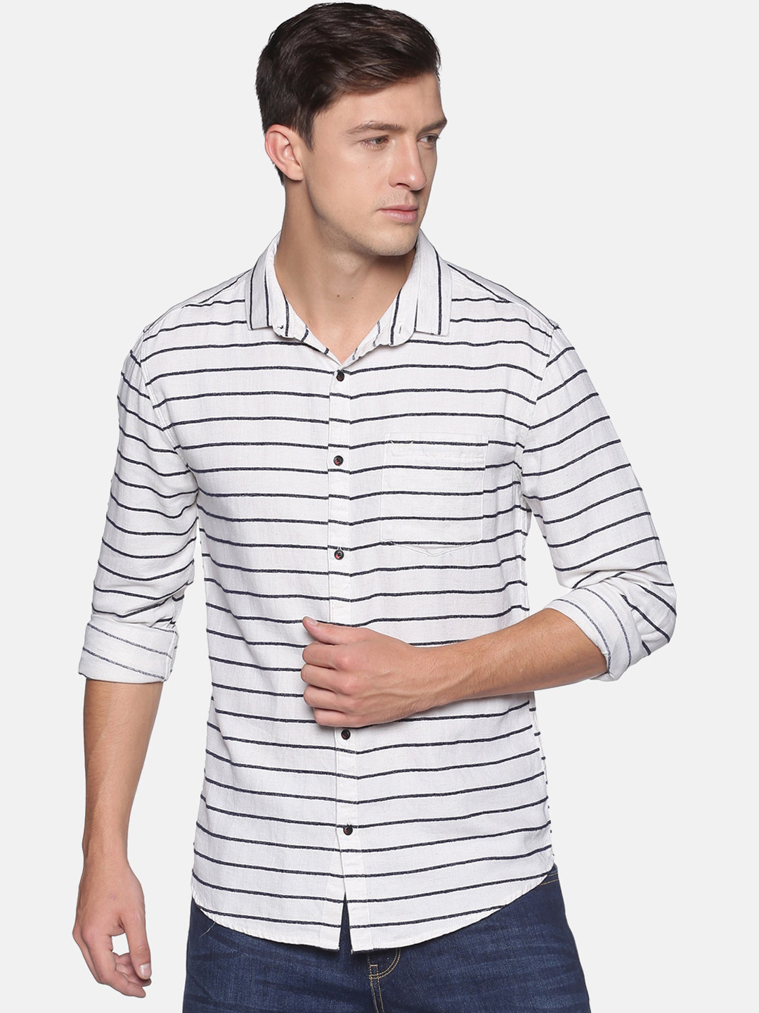 

SHOWOFF Men Off White & Blue Striped Comfort Slim Fit Casual Shirt